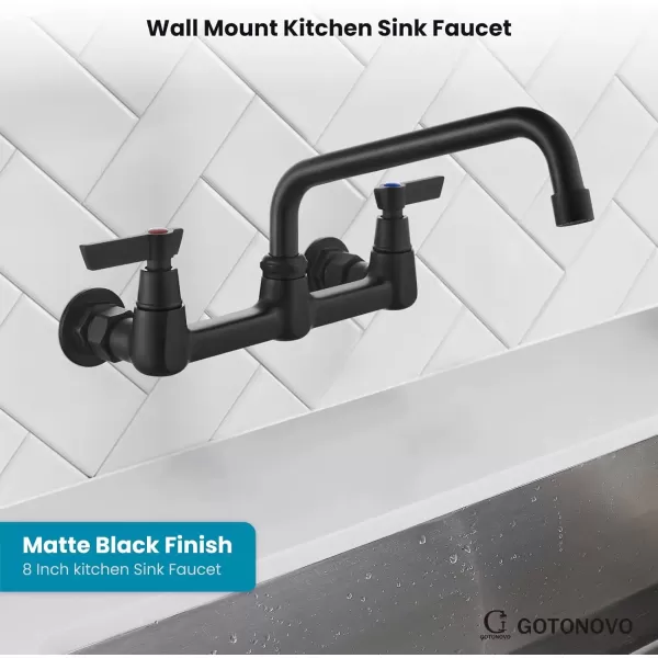 imagegotonovo Wall Mount 8 Inch Center Kitchen Faucet with Adjustable 360 Swivel Spout 2 Handles Restaurant Mixer Utility Tap Commercial Sink Laundry Faucet Matte Black7 Shape Spout