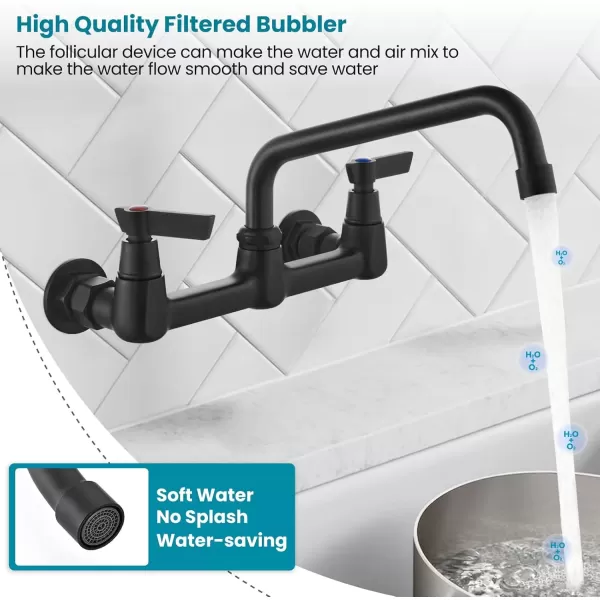 imagegotonovo Wall Mount 8 Inch Center Kitchen Faucet with Adjustable 360 Swivel Spout 2 Handles Restaurant Mixer Utility Tap Commercial Sink Laundry Faucet Matte Black7 Shape Spout
