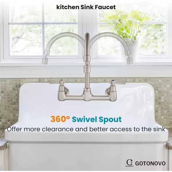 imagegotonovo Wall Mount 8 Inch Center Kitchen Faucet with Adjustable 360 Swivel Spout 2 Handles Restaurant Mixer Utility Tap Commercial Sink Laundry Faucet Brushed NickelArc Shape Spout