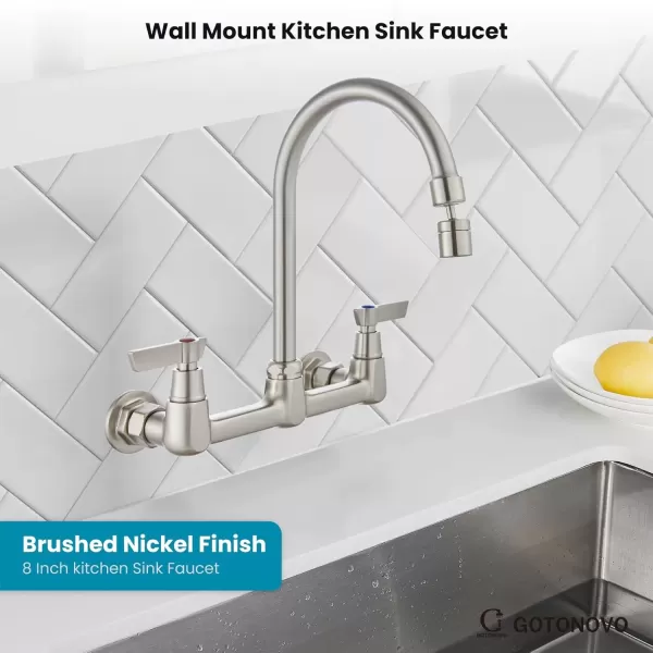 imagegotonovo Wall Mount 8 Inch Center Kitchen Faucet with Adjustable 360 Swivel Spout 2 Handles Restaurant Mixer Utility Tap Commercial Sink Laundry Faucet Brushed NickelArc Shape Spout