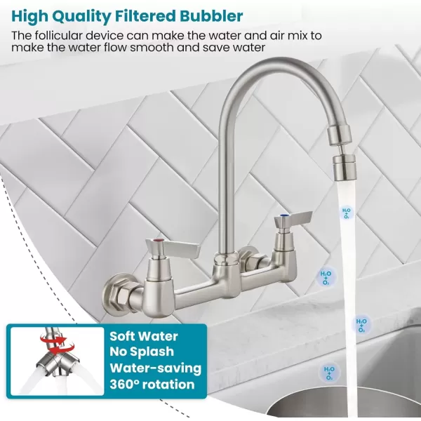 imagegotonovo Wall Mount 8 Inch Center Kitchen Faucet with Adjustable 360 Swivel Spout 2 Handles Restaurant Mixer Utility Tap Commercial Sink Laundry Faucet Brushed NickelArc Shape Spout
