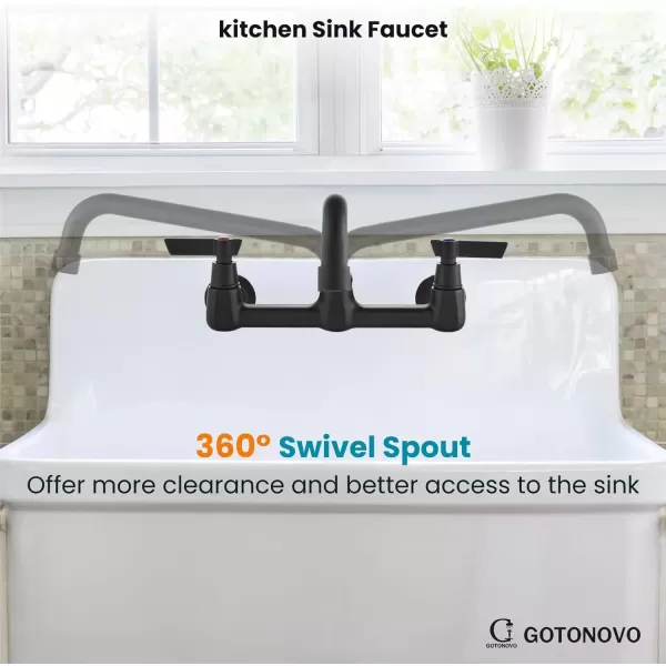 imagegotonovo Wall Mount 8 Inch Center Kitchen Faucet with Adjustable 360 Swivel Spout 2 Handles Restaurant Mixer Utility Tap Commercial Sink Laundry Faucet Matte Black7 Shape Spout
