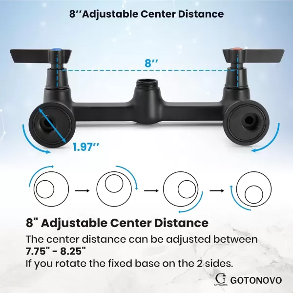 imagegotonovo Wall Mount 8 Inch Center Kitchen Faucet with Adjustable 360 Swivel Spout 2 Handles Restaurant Mixer Utility Tap Commercial Sink Laundry Faucet Matte Black7 Shape Spout