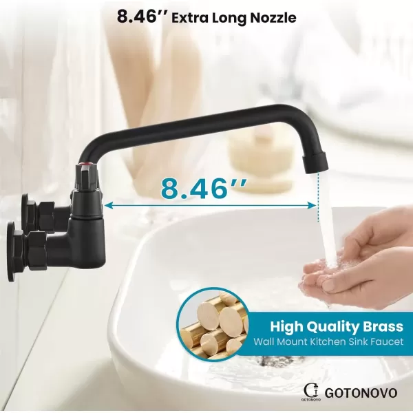 imagegotonovo Wall Mount 8 Inch Center Kitchen Faucet with Adjustable 360 Swivel Spout 2 Handles Restaurant Mixer Utility Tap Commercial Sink Laundry Faucet Matte Black7 Shape Spout