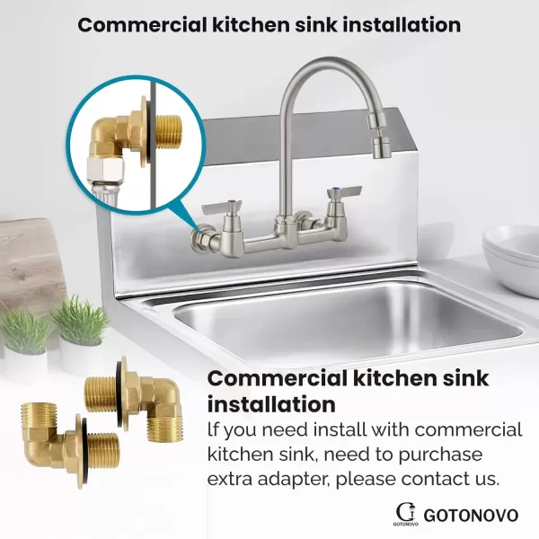imagegotonovo Wall Mount 8 Inch Center Kitchen Faucet with Adjustable 360 Swivel Spout 2 Handles Restaurant Mixer Utility Tap Commercial Sink Laundry Faucet Brushed NickelArc Shape Spout