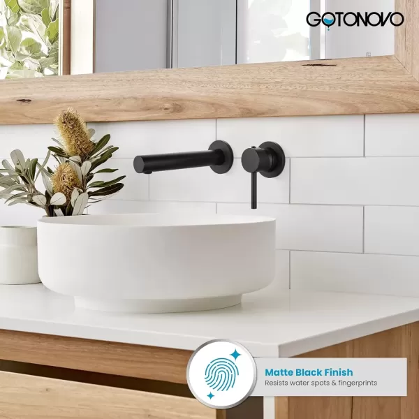 imagegotonovo Wall Mount Basin Faucet Matte Black Single Lever Handle Long Straight Spout Bathroom Sink Faucet with Brass Roughin Valve Bathroom Mixer Tap