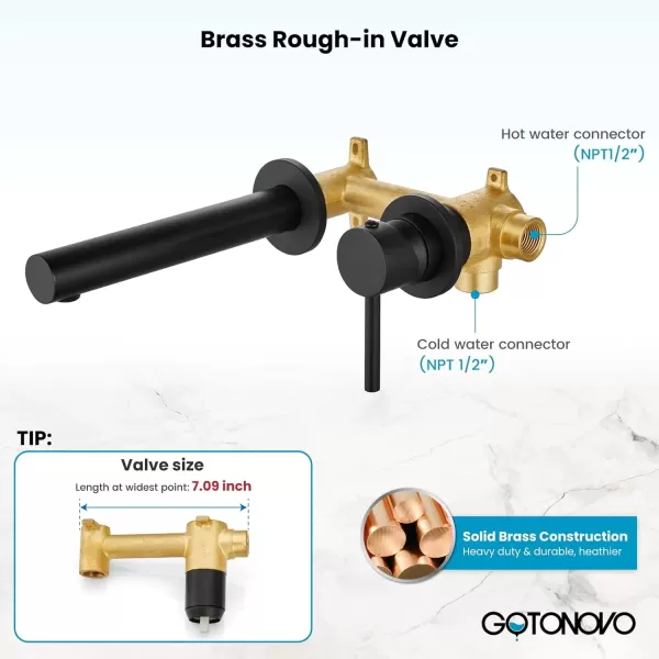 imagegotonovo Wall Mount Basin Faucet Matte Black Single Lever Handle Long Straight Spout Bathroom Sink Faucet with Brass Roughin Valve Bathroom Mixer Tap