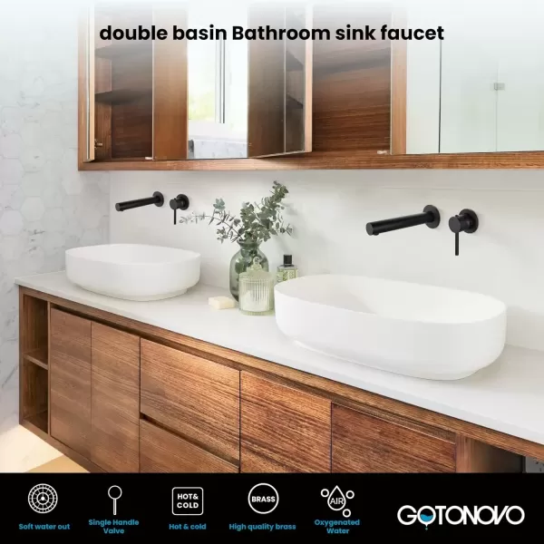 imagegotonovo Wall Mount Basin Faucet Matte Black Single Lever Handle Long Straight Spout Bathroom Sink Faucet with Brass Roughin Valve Bathroom Mixer Tap