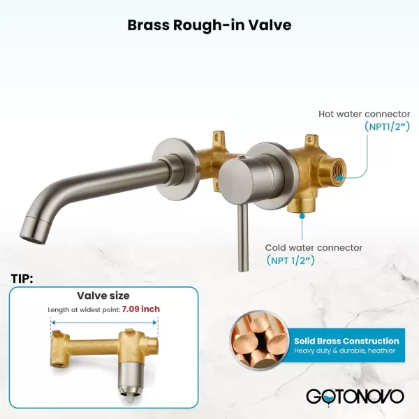 imagegotonovo Wall Mount Bathroom FaucetSingle Handle Bathroom Sink Faucet Wall Mounted Brass Roughin Valve Included Curved Spout Polished ChromeBrushed Nickel