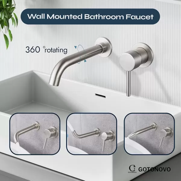 imagegotonovo Wall Mount Bathroom FaucetSingle Handle Bathroom Sink Faucet Wall Mounted Brass Roughin Valve Included Curved Spout Polished ChromeBrushed Nickel