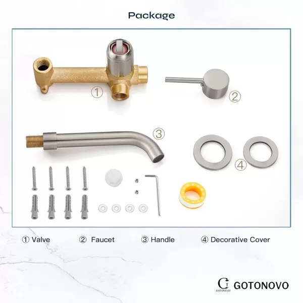 imagegotonovo Wall Mount Bathroom FaucetSingle Handle Bathroom Sink Faucet Wall Mounted Brass Roughin Valve Included Curved Spout Polished ChromeBrushed Nickel