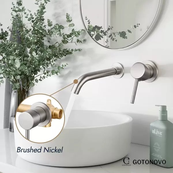 imagegotonovo Wall Mount Bathroom FaucetSingle Handle Bathroom Sink Faucet Wall Mounted Brass Roughin Valve Included Curved Spout Polished ChromeBrushed Nickel