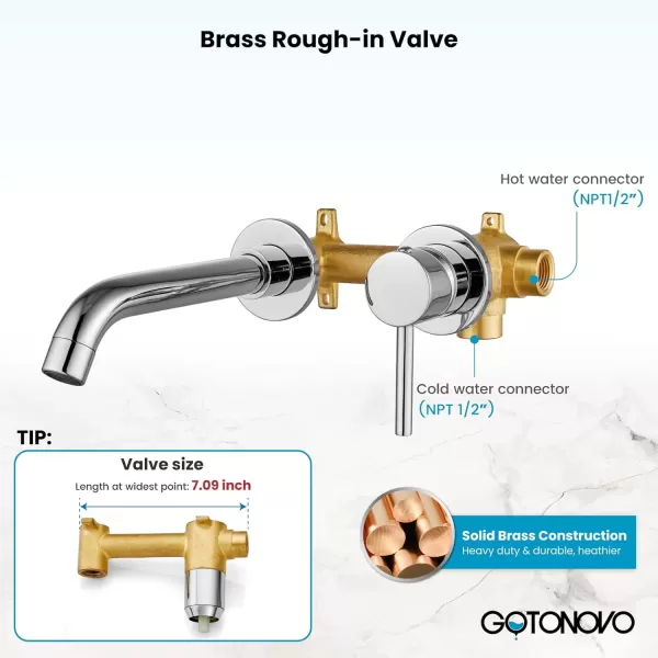 imagegotonovo Wall Mount Bathroom FaucetSingle Handle Bathroom Sink Faucet Wall Mounted Brass Roughin Valve Included Curved Spout Polished ChromePolished Chrome