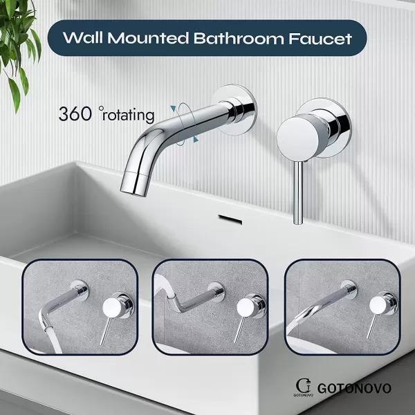 imagegotonovo Wall Mount Bathroom FaucetSingle Handle Bathroom Sink Faucet Wall Mounted Brass Roughin Valve Included Curved Spout Polished ChromePolished Chrome
