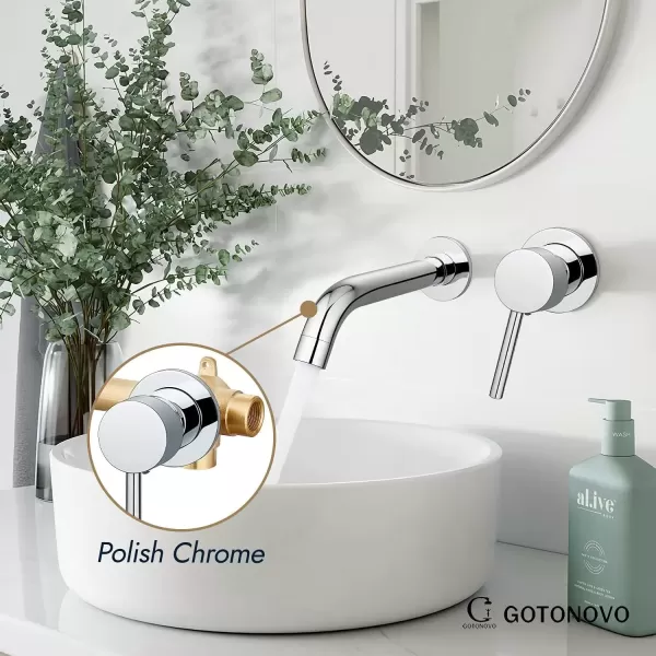imagegotonovo Wall Mount Bathroom FaucetSingle Handle Bathroom Sink Faucet Wall Mounted Brass Roughin Valve Included Curved Spout Polished ChromePolished Chrome