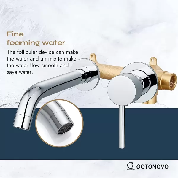 imagegotonovo Wall Mount Bathroom FaucetSingle Handle Bathroom Sink Faucet Wall Mounted Brass Roughin Valve Included Curved Spout Polished ChromePolished Chrome