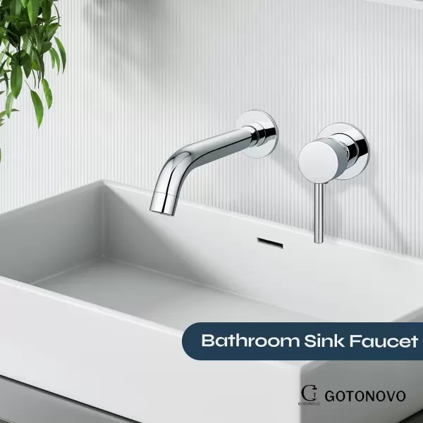 imagegotonovo Wall Mount Bathroom FaucetSingle Handle Bathroom Sink Faucet Wall Mounted Brass Roughin Valve Included Curved Spout Polished ChromePolished Chrome
