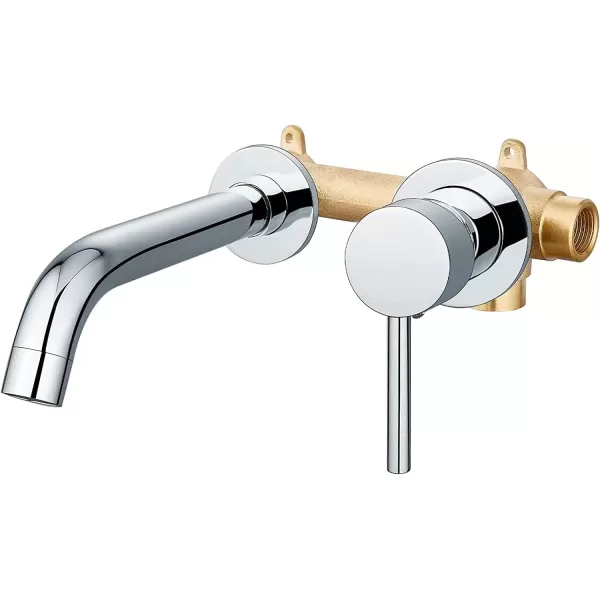 imagegotonovo Wall Mount Bathroom FaucetSingle Handle Bathroom Sink Faucet Wall Mounted Brass Roughin Valve Included Curved Spout Polished ChromePolished Chrome
