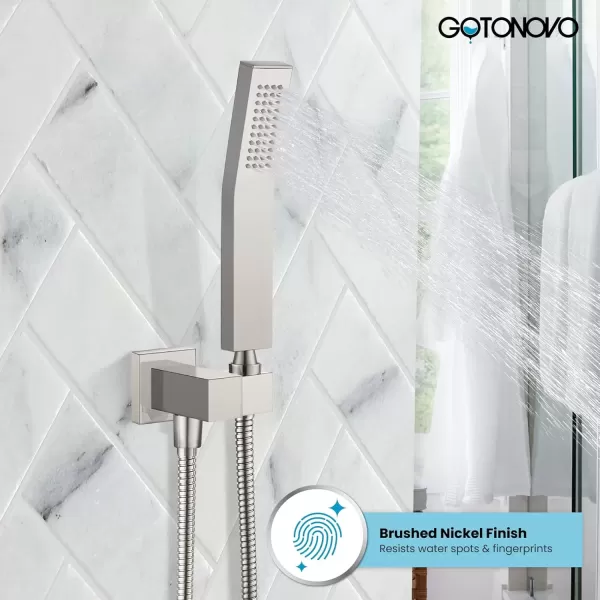 imagegotonovo Wall Mount High Pressure Brushed Nickel Square Hand Held Shower with Wall Connector and Solid Brass Hose SetBrushed Nickel