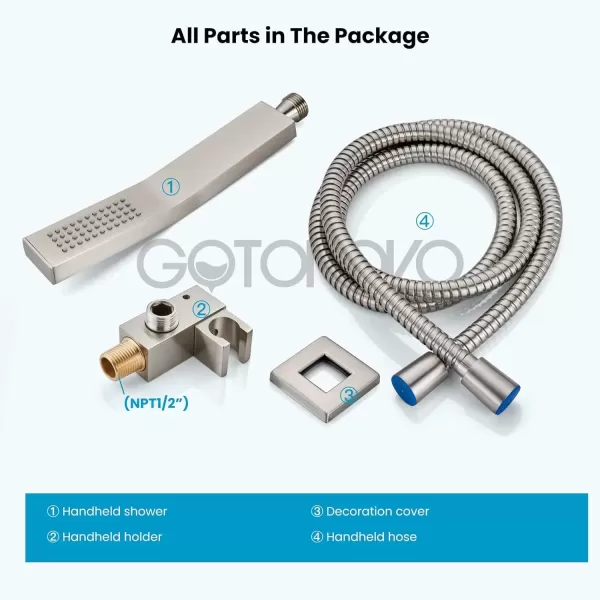 imagegotonovo Wall Mount High Pressure Brushed Nickel Square Hand Held Shower with Wall Connector and Solid Brass Hose SetBrushed Nickel