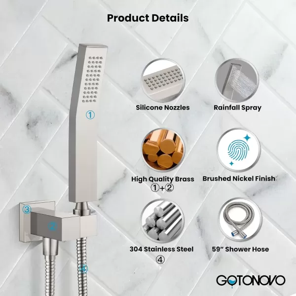 imagegotonovo Wall Mount High Pressure Brushed Nickel Square Hand Held Shower with Wall Connector and Solid Brass Hose SetBrushed Nickel