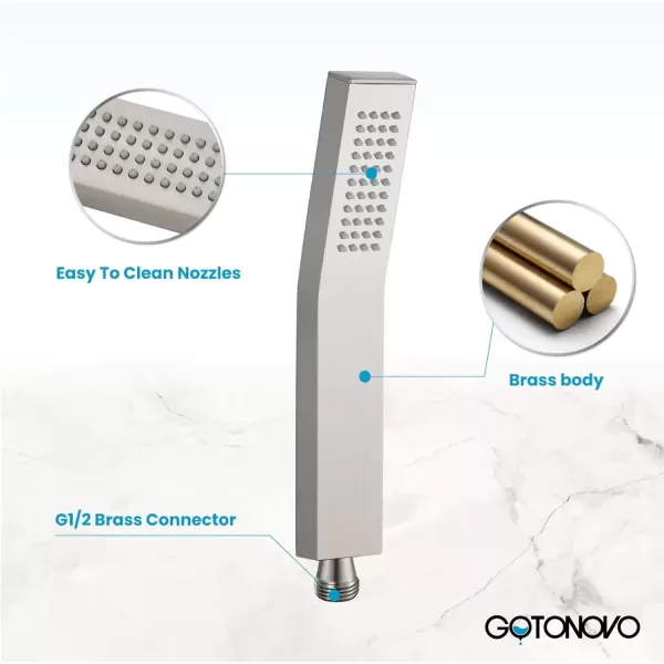 imagegotonovo Wall Mount High Pressure Brushed Nickel Square Hand Held Shower with Wall Connector and Solid Brass Hose SetBrushed Nickel