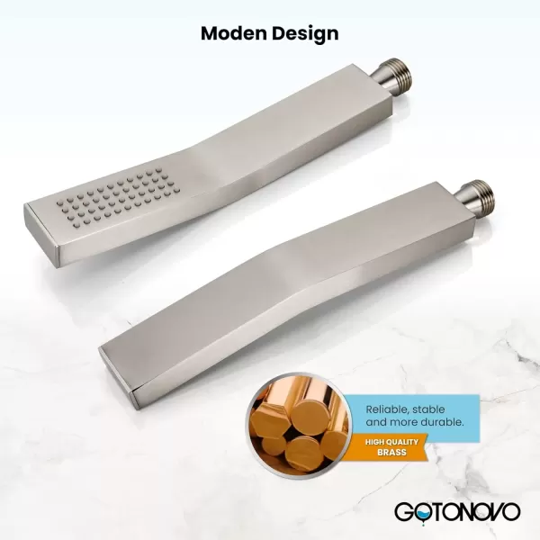 imagegotonovo Wall Mount High Pressure Brushed Nickel Square Hand Held Shower with Wall Connector and Solid Brass Hose SetBrushed Nickel