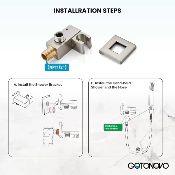 imagegotonovo Wall Mount High Pressure Brushed Nickel Square Hand Held Shower with Wall Connector and Solid Brass Hose SetBrushed Nickel