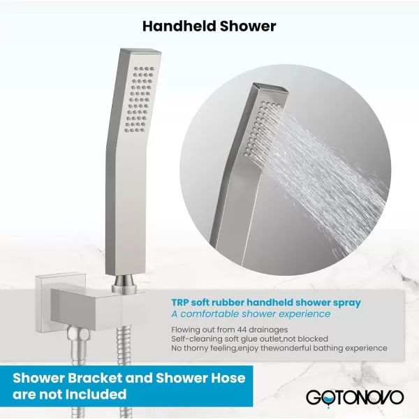 imagegotonovo Wall Mount High Pressure Brushed Nickel Square Hand Held Shower with Wall Connector and Solid Brass Hose SetBrushed Nickel