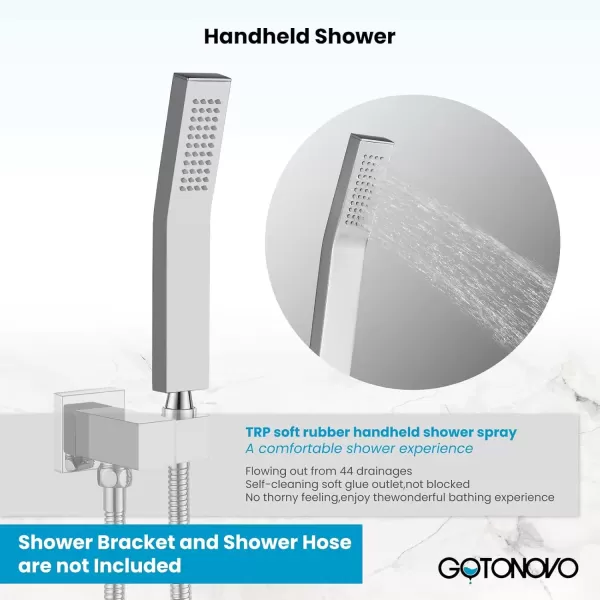 imagegotonovo Wall Mount High Pressure Brushed Nickel Square Hand Held Shower with Wall Connector and Solid Brass Hose SetChrome Polished
