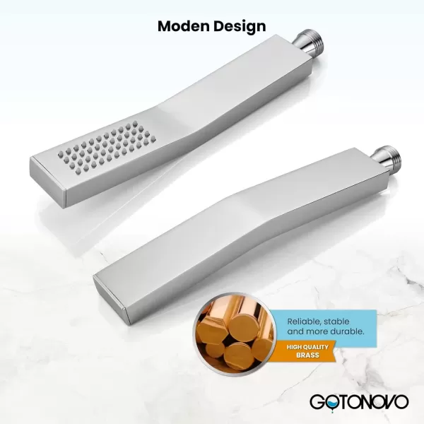 imagegotonovo Wall Mount High Pressure Brushed Nickel Square Hand Held Shower with Wall Connector and Solid Brass Hose SetChrome Polished