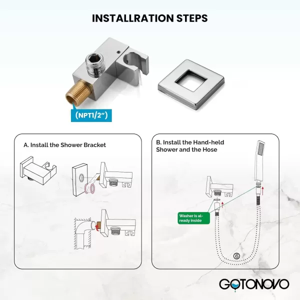 imagegotonovo Wall Mount High Pressure Brushed Nickel Square Hand Held Shower with Wall Connector and Solid Brass Hose SetChrome Polished