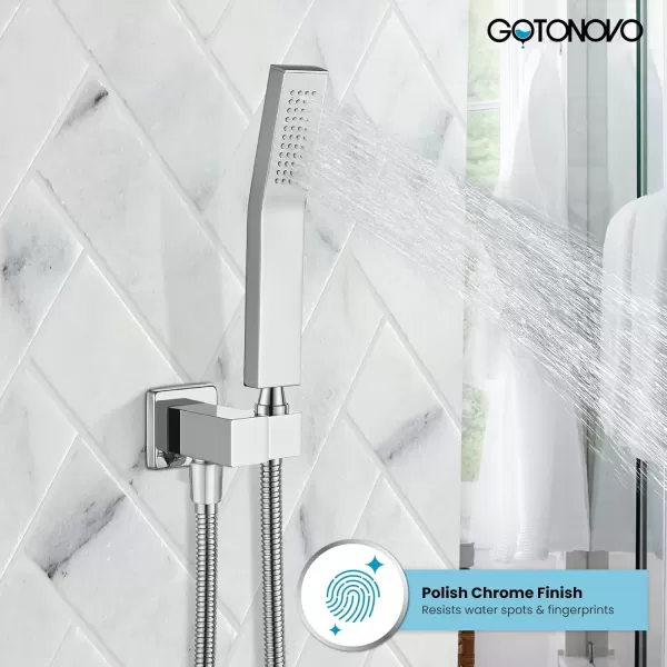 imagegotonovo Wall Mount High Pressure Brushed Nickel Square Hand Held Shower with Wall Connector and Solid Brass Hose SetChrome Polished