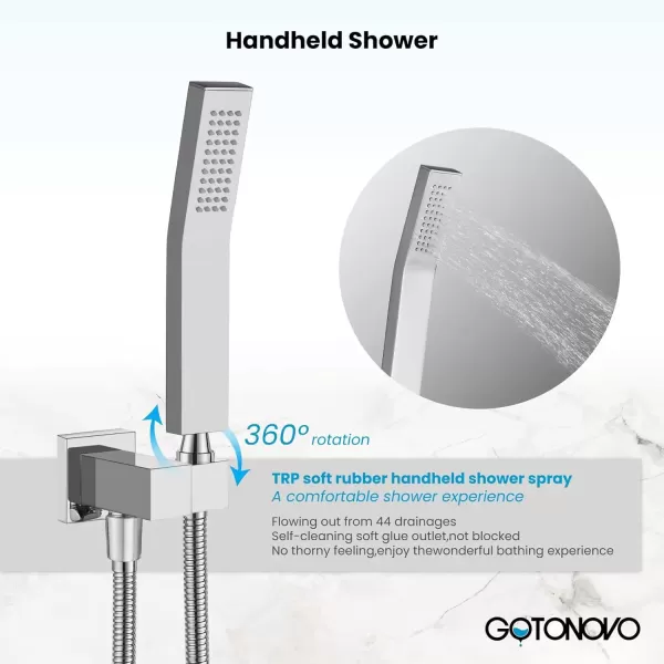 imagegotonovo Wall Mount High Pressure Brushed Nickel Square Hand Held Shower with Wall Connector and Solid Brass Hose SetChrome Polished