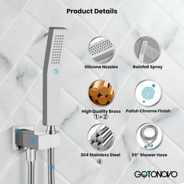 imagegotonovo Wall Mount High Pressure Brushed Nickel Square Hand Held Shower with Wall Connector and Solid Brass Hose SetChrome Polished