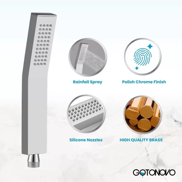 imagegotonovo Wall Mount High Pressure Brushed Nickel Square Hand Held Shower with Wall Connector and Solid Brass Hose SetChrome Polished