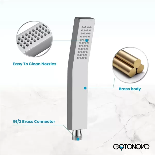 imagegotonovo Wall Mount High Pressure Brushed Nickel Square Hand Held Shower with Wall Connector and Solid Brass Hose SetChrome Polished