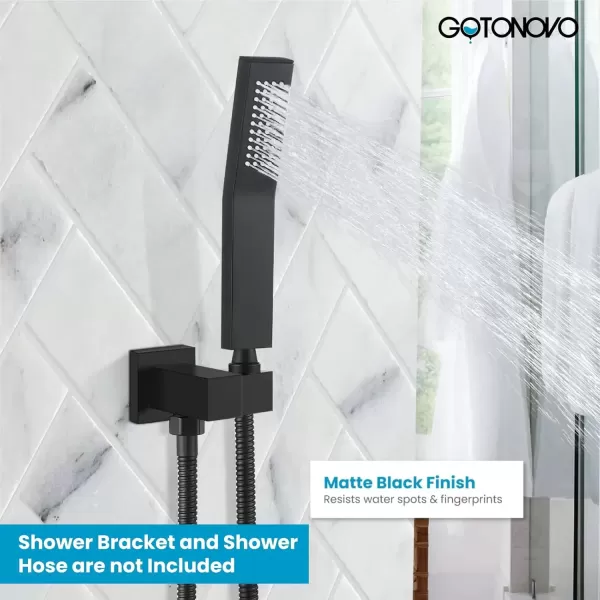 imagegotonovo Wall Mount High Pressure Brushed Nickel Square Hand Held Shower with Wall Connector and Solid Brass Hose SetMatte Black