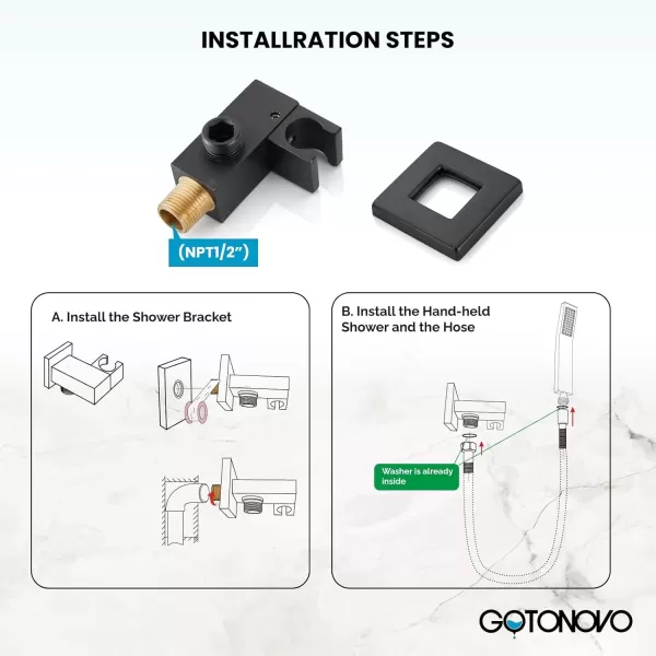 imagegotonovo Wall Mount High Pressure Brushed Nickel Square Hand Held Shower with Wall Connector and Solid Brass Hose SetMatte Black