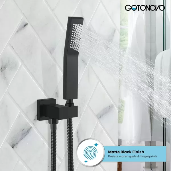 imagegotonovo Wall Mount High Pressure Brushed Nickel Square Hand Held Shower with Wall Connector and Solid Brass Hose SetMatte Black