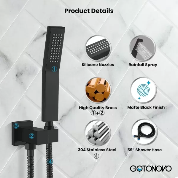 imagegotonovo Wall Mount High Pressure Brushed Nickel Square Hand Held Shower with Wall Connector and Solid Brass Hose SetMatte Black