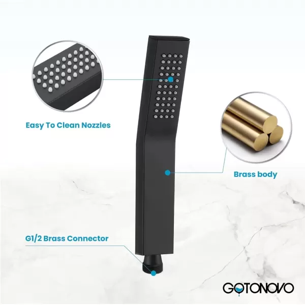 imagegotonovo Wall Mount High Pressure Brushed Nickel Square Hand Held Shower with Wall Connector and Solid Brass Hose SetMatte Black