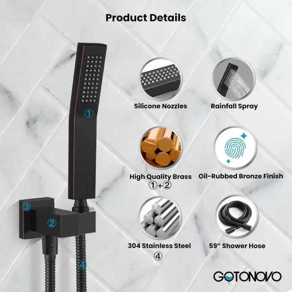 imagegotonovo Wall Mount High Pressure Brushed Nickel Square Hand Held Shower with Wall Connector and Solid Brass Hose SetOil Rubbed Bronze
