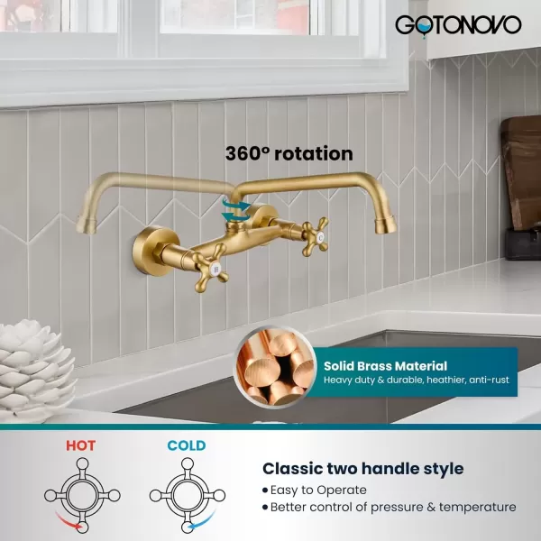 imagegotonovo Wall Mount Kitchen Faucet 8 Inch Center 9 Inch Spout Reach 2 Cross Handle Matte Black Victorian Kitchen Sink FaucetsAntique Brass