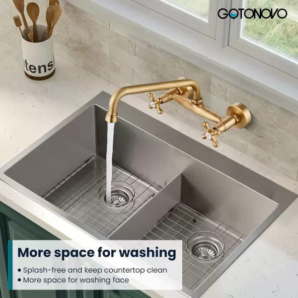 imagegotonovo Wall Mount Kitchen Faucet 8 Inch Center 9 Inch Spout Reach 2 Cross Handle Matte Black Victorian Kitchen Sink FaucetsAntique Brass