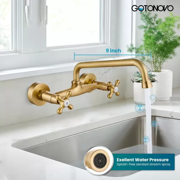imagegotonovo Wall Mount Kitchen Faucet 8 Inch Center 9 Inch Spout Reach 2 Cross Handle Matte Black Victorian Kitchen Sink FaucetsAntique Brass