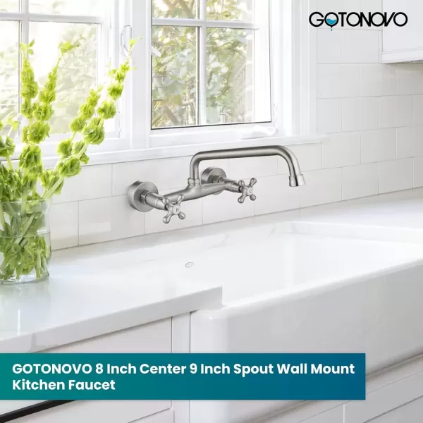 imagegotonovo Wall Mount Kitchen Faucet 8 Inch Center 9 Inch Spout Reach 2 Cross Handle Matte Black Victorian Kitchen Sink FaucetsBrushed Nickel