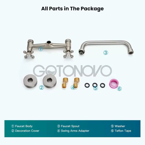 imagegotonovo Wall Mount Kitchen Faucet 8 Inch Center 9 Inch Spout Reach 2 Cross Handle Matte Black Victorian Kitchen Sink FaucetsBrushed Nickel