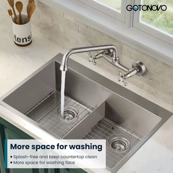imagegotonovo Wall Mount Kitchen Faucet 8 Inch Center 9 Inch Spout Reach 2 Cross Handle Matte Black Victorian Kitchen Sink FaucetsBrushed Nickel