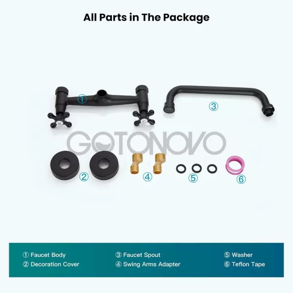 imagegotonovo Wall Mount Kitchen Faucet 8 Inch Center 9 Inch Spout Reach 2 Cross Handle Matte Black Victorian Kitchen Sink FaucetsMatte Black
